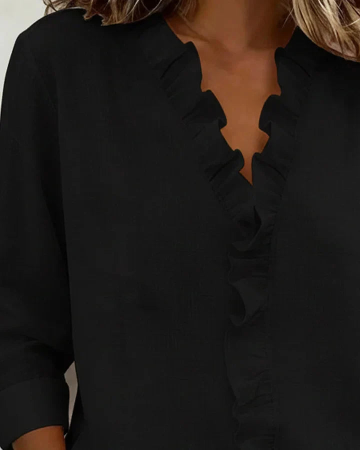 YVONNE™ | БЛУЗА С РУФЛИ, V-ОБРАЗНО ДЕКОЛТЕ И ДЪЛГИ РЪКАВИ